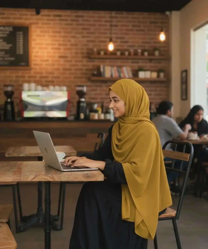 Professional photo of Shamla, a freelance digital marketing analyst in Dubai, working on client marketing projects and online strategies.